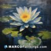A painting of a blue water lilly with green leaves