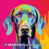 A painting of a blue weimaraner dog with colorful background