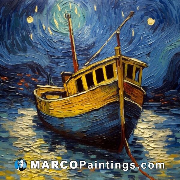 A painting of a boat going in starry night