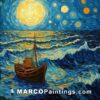 A painting of a boat in the ocean with a boat under a starry night