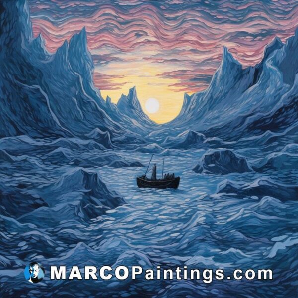 A painting of a boat in the water next to the icy ocean view