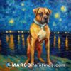 A painting of a boxer on water next to starry night