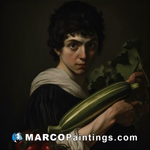 A painting of a boy holding a cucumber and tomatoes