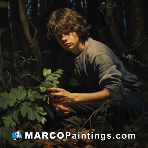A painting of a boy in the woods
