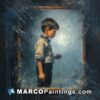 A painting of a boy standing in a frame looking through a glass