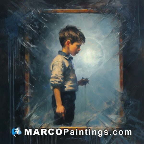 A painting of a boy standing in a frame looking through a glass