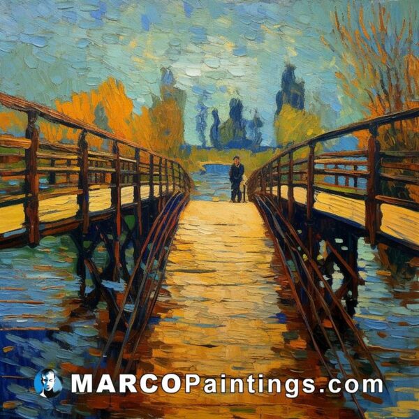 A painting of a bridge with the couple walking across
