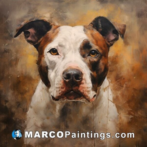 A painting of a brown and white dog