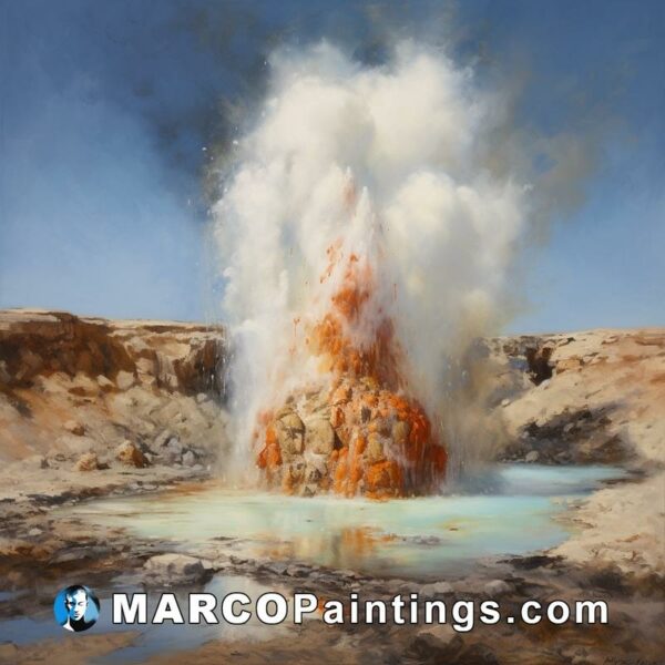 A painting of a brown geyser out of the water