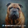 A painting of a brown sharpei looking to the camera