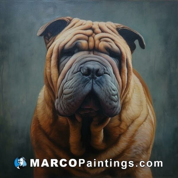 A painting of a brown sharpei looking to the camera