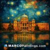 A painting of a building and night sky