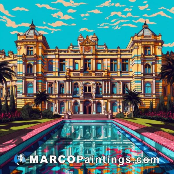 A painting of a building with a pool and palm trees