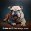 A painting of a bulldog dog laying on a table