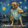 A painting of a bulldog standing under starry skies