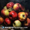 A painting of a bunch of red and yellow apples