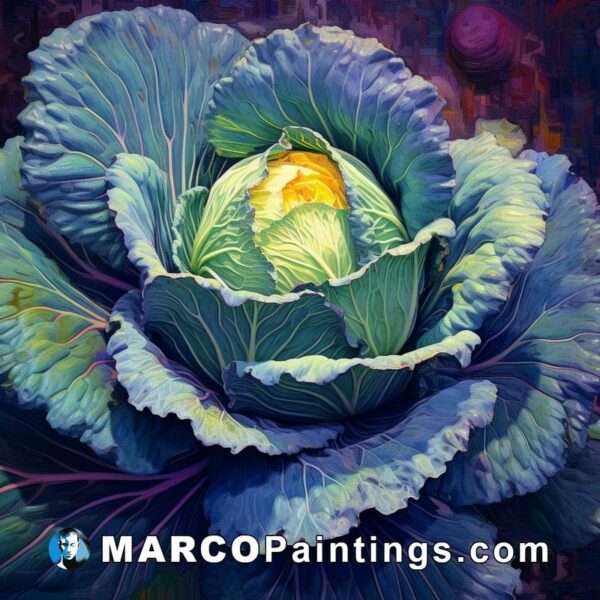 A painting of a cabbage in a purple and blue background