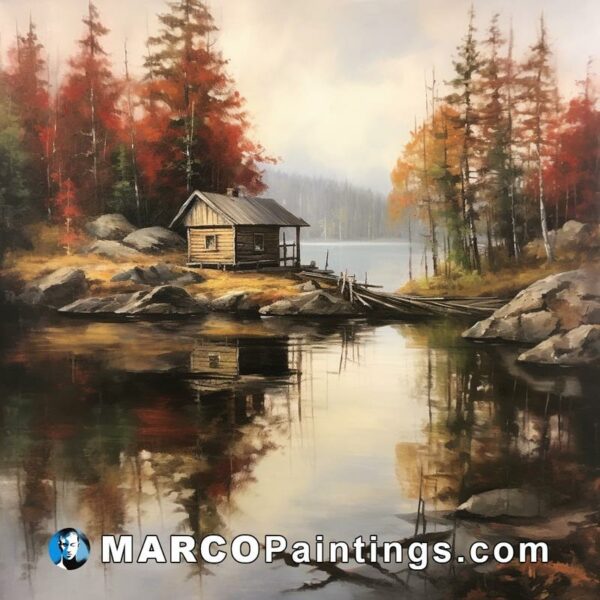 A painting of a cabin on the edge of water with an autumn tree behind it