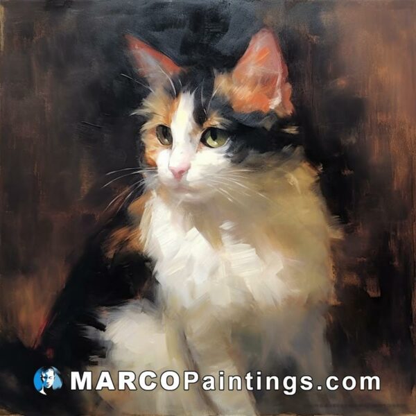 A painting of a calico cat sitting down on a brown background