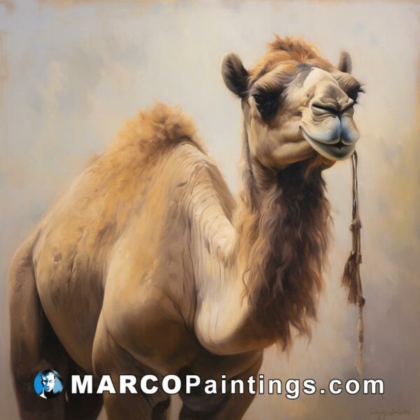 A painting of a camel looking outward on a gray surface