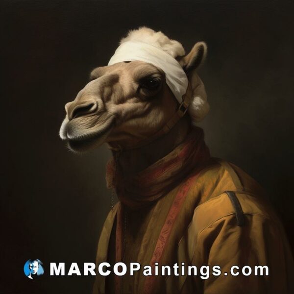 A painting of a camel with his head covered from his feet