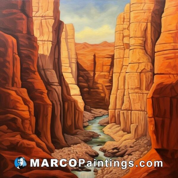 A painting of a canyon with a stream running through it