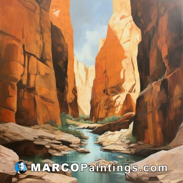 A painting of a canyon with a stream through it