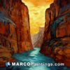 A painting of a canyon with water flowing through it
