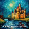 A painting of a castle at night with river and moon