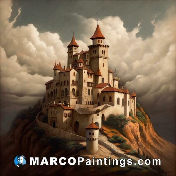 A painting of a castle sitting on top of a mountain