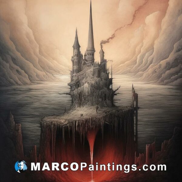 A painting of a castle which has a reddish substance flowing out