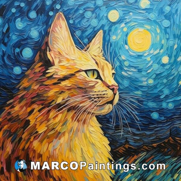 A painting of a cat in the night sky with starry sky
