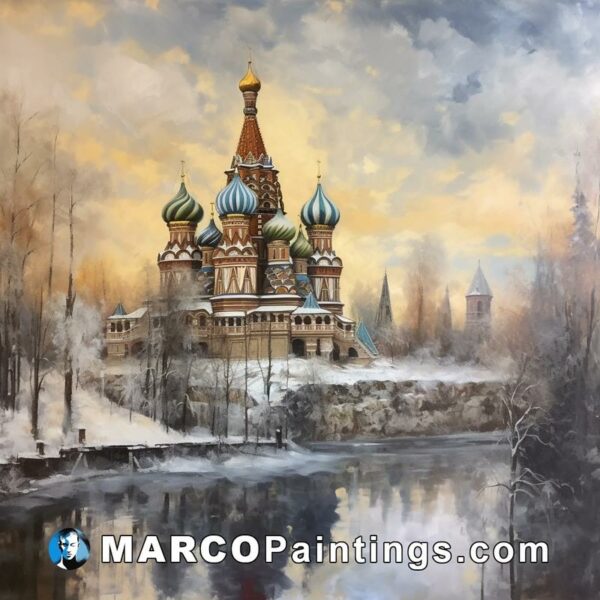 A painting of a cathedral near a snow covered river