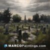 A painting of a cemetery under a stormy sky