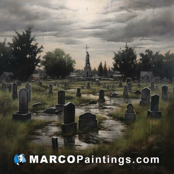 A painting of a cemetery under a stormy sky