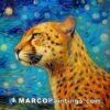 A painting of a cheetah with stars in the background