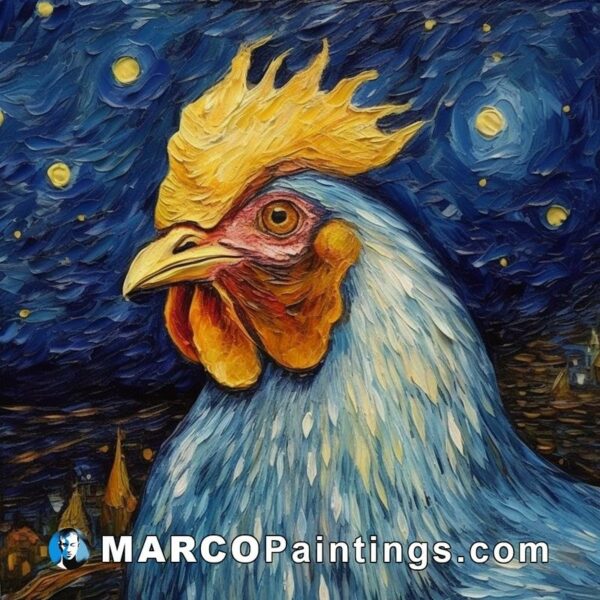 A painting of a chicken under a starry night