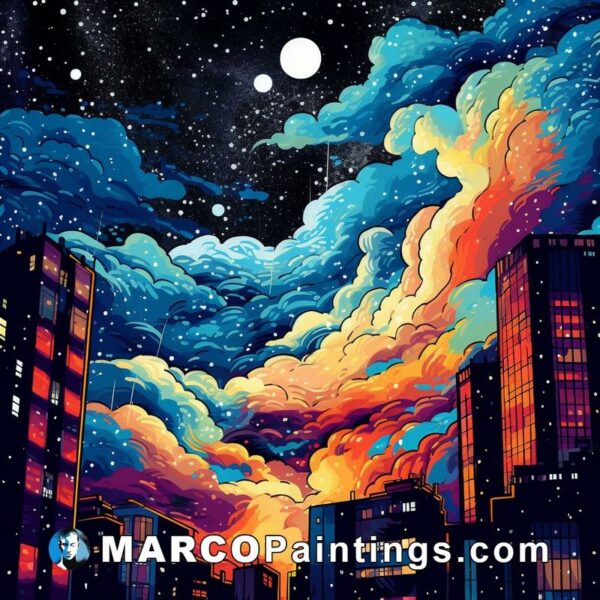 A painting of a city in the night with stars and clouds
