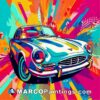 A painting of a classic car with many vibrant colors from an abstract background