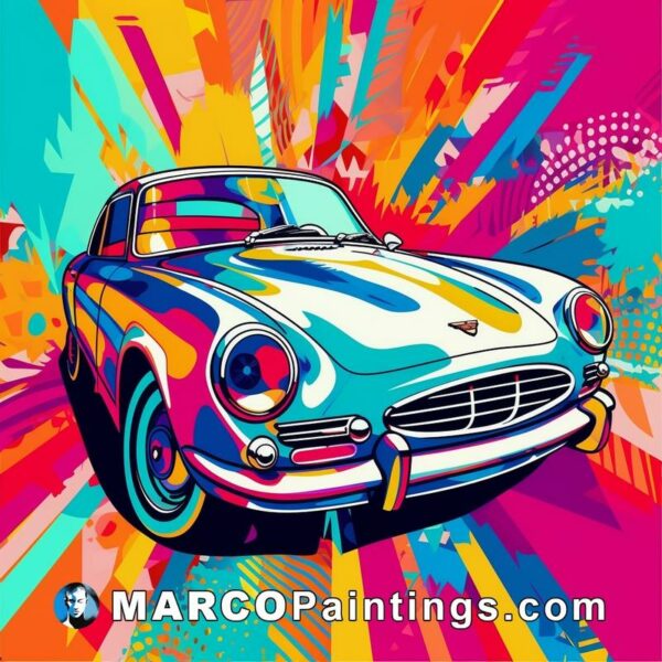 A painting of a classic car with many vibrant colors from an abstract background