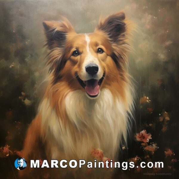 A painting of a collie dog sitting in a field with flowers