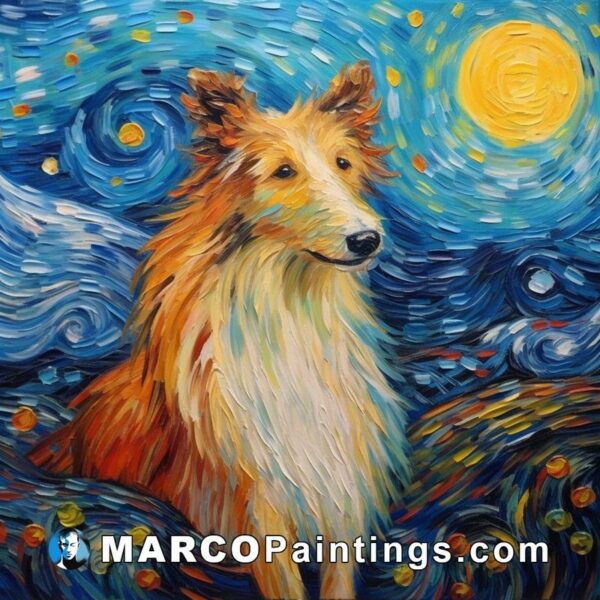 A painting of a collie looking at the starry sky