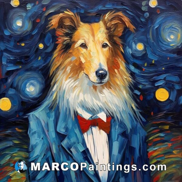 A painting of a collie wearing a bow tie in the night sky