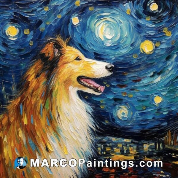 A painting of a collie with starry sky is shown