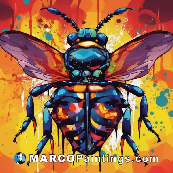A painting of a colorful bee with colored sprays