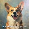 A painting of a corgi dog that has open mouth