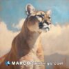 A painting of a cougar with a blue sky in the background