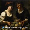 A painting of a couple holding their vegetables