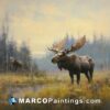 A painting of a couple of moose standing in a field