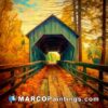 A painting of a covered bridge covered with fall foliage